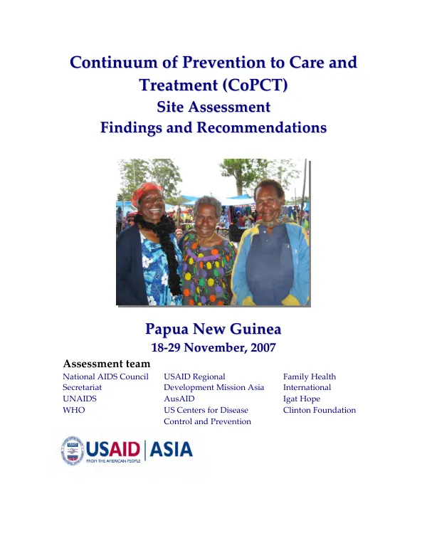 Continuum of prevention to care and treatment (CoPCT) : site assessment findings and recommendations -- Papua New Guinea, 18-29 November, 2007