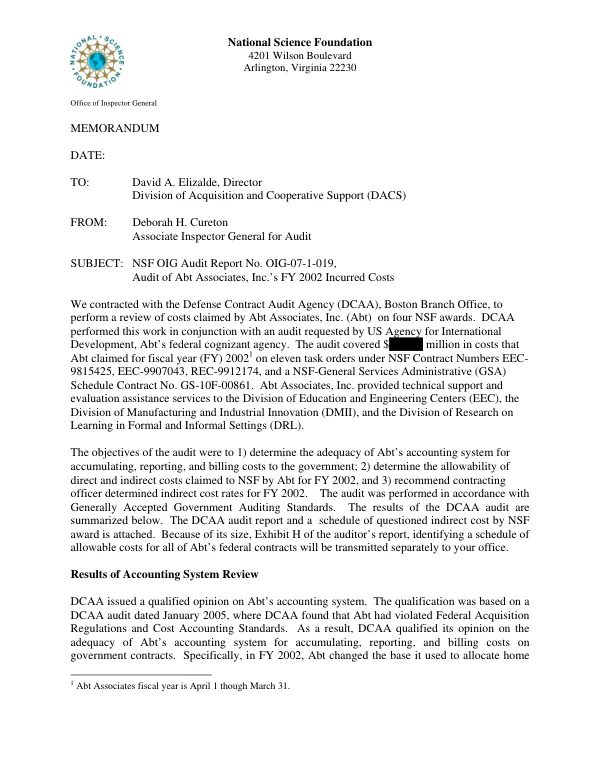 NSF OIG audit report no. OIG-07-1-019, audit of Abt Associates, Inc."s FY 2002 incurred costs