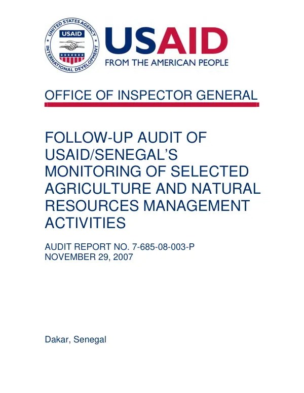 Follow-up audit of USAID/Senegal"s monitoring of selected agriculture and natural resources activities