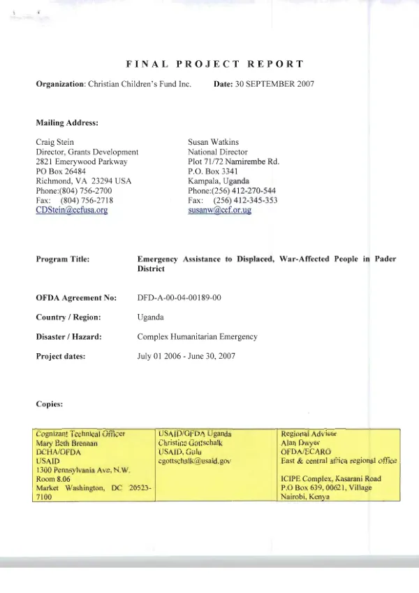 Final project report : emergency assistance to displaced, war-affected people in Pader District -- July 01, 2006-June 30, 2007