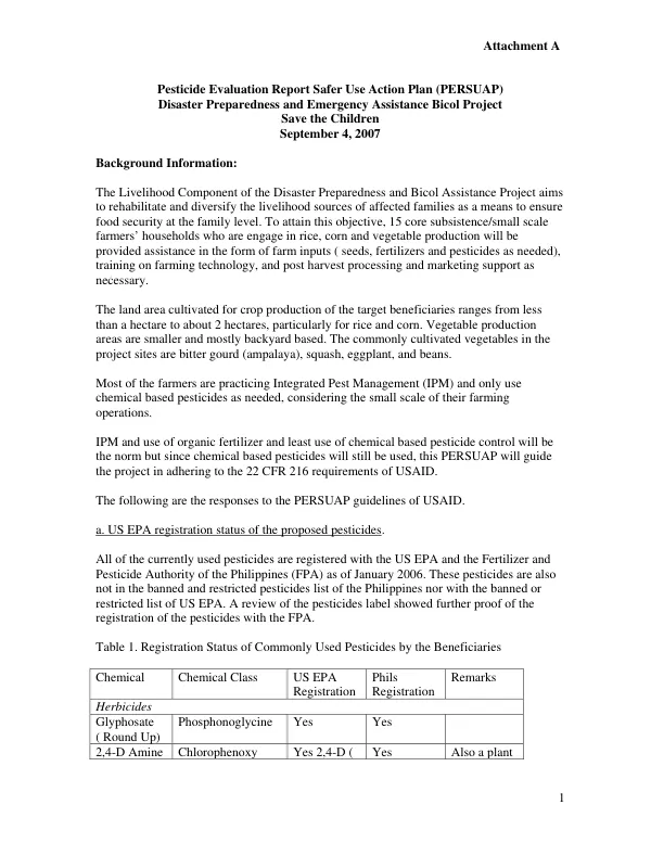 Pesticide evaluation report safer use action plan (PERSUAP) : disaster preparedness and emergency assistance Bicol project