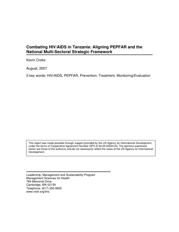 Combating HIV/AIDS in Tanzania : aligning PEPFAR and the national multi-sectoral strategic framework