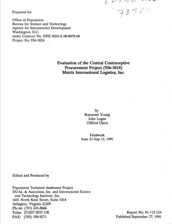 Evaluation of the central contraceptive procurement project (936-3018), Matrix International Logistics, Inc.
