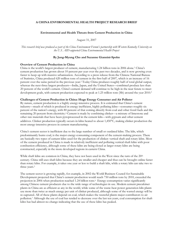 Environmental and health threats from cement production in China