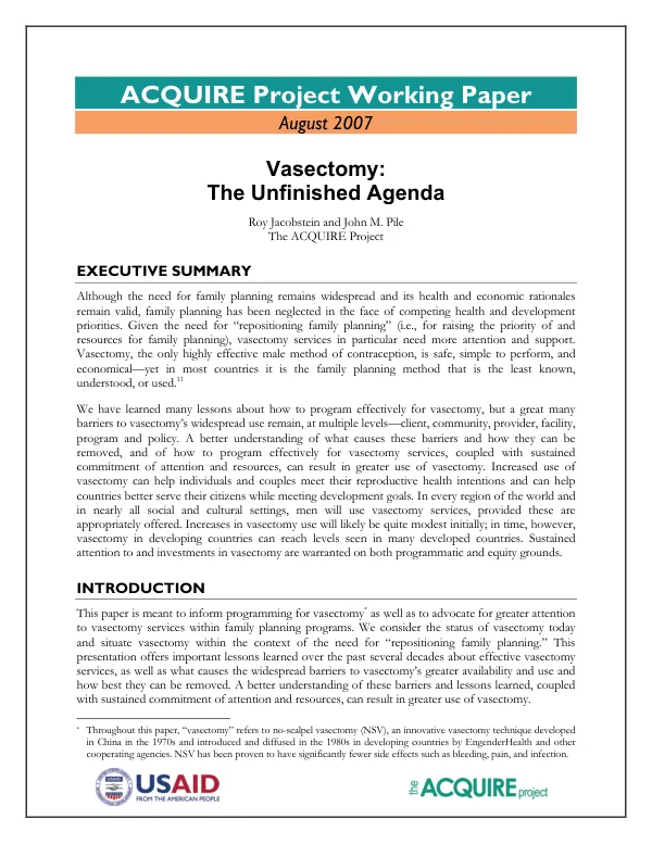 Vasectomy : the unfinished agenda