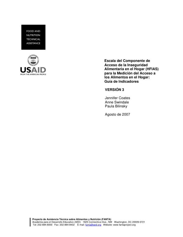 Escala del componente de acceso de la insequridad alimentaria en el hogar (HFIAS) para la medicion del acceso a los alimentos en el hogar : guia de indicadores -- version 3