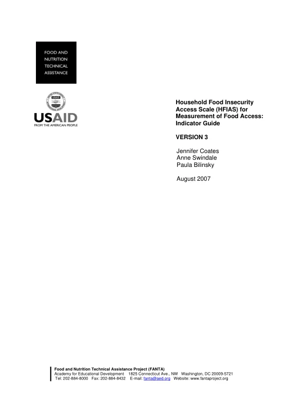 Household food insecurity access scale (HFIAS) for measurement of food access : indicator guide -- version 3