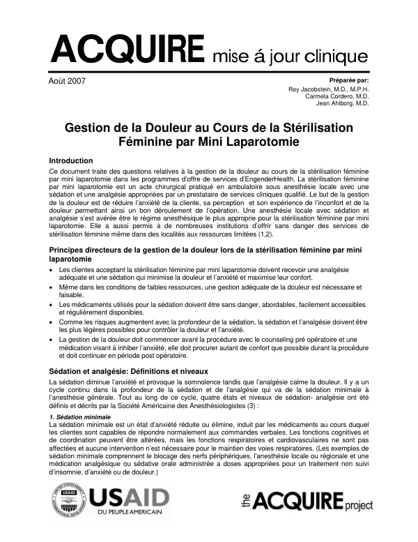 Gestion de la douleur au cours de la sterilisation feminine par mini laparotomie