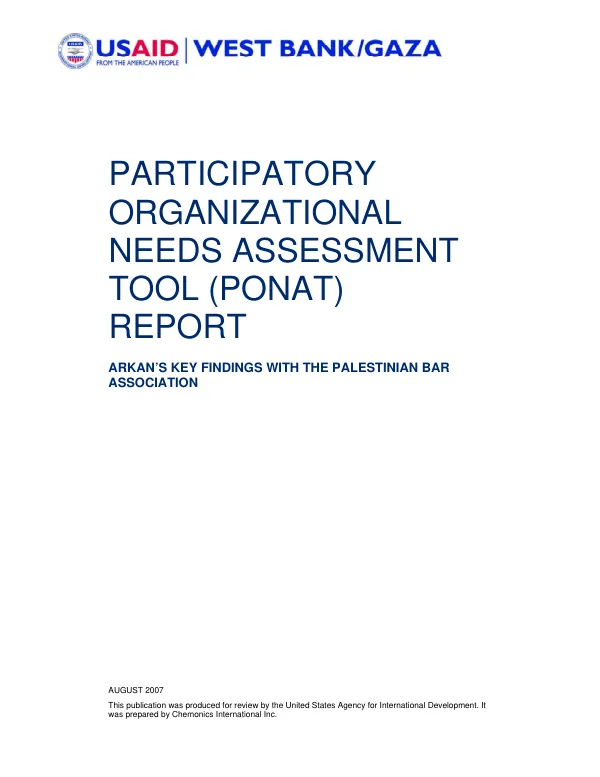 Participatory organizational needs assessment tool (PONAT) report : Arkan"s key findings with the Palestinian Bar Association