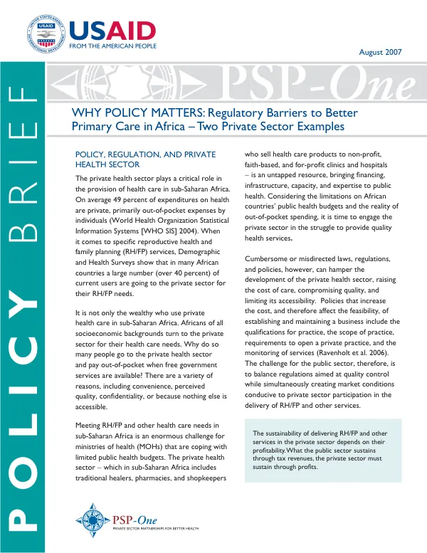 Why policy matters : regulatory barriers to better primary care in Africa -- two private sector examples