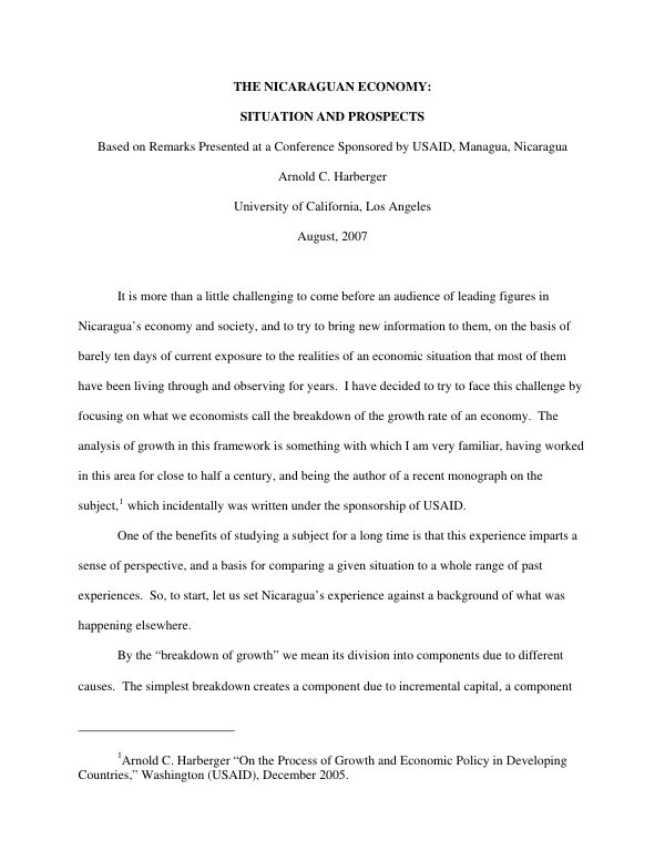 The Nicaraguan economy : situation and prospects