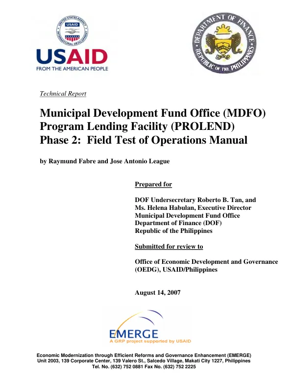 Municipal Development Fund Office (MDFO) Program Lending Facility (PROLEND) : phase 2 -- field test of operations manual