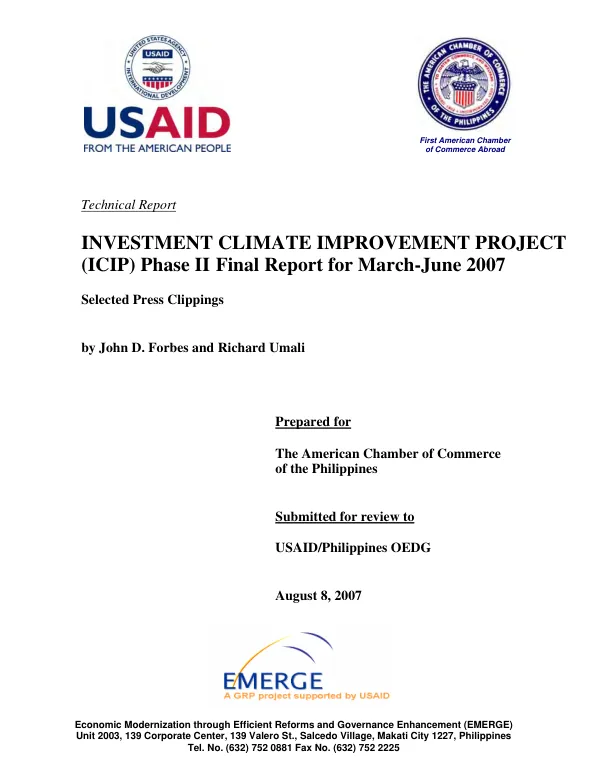 Investment climate improvement project (ICIP) phase II final report for March-June 2007 : selected press clippings
