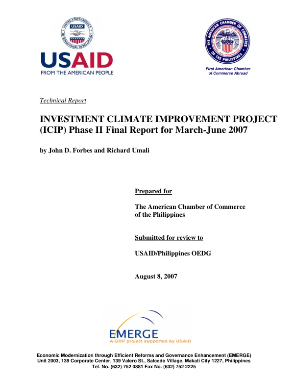 Investment climate improvement project (ICIP) phase II final report for March-June 2007