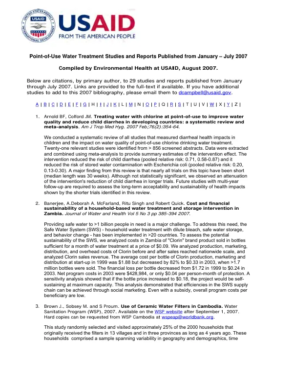 Point-of-use water treatment studies and reports published from January-July 2007