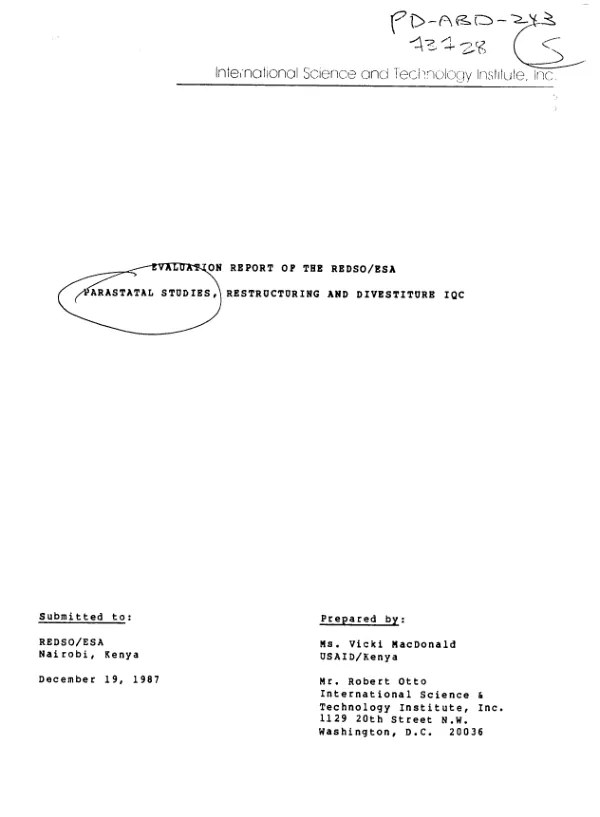 Evaluation report of the REDSO/ESA parastatal studies, restructuring and divestiture IQC