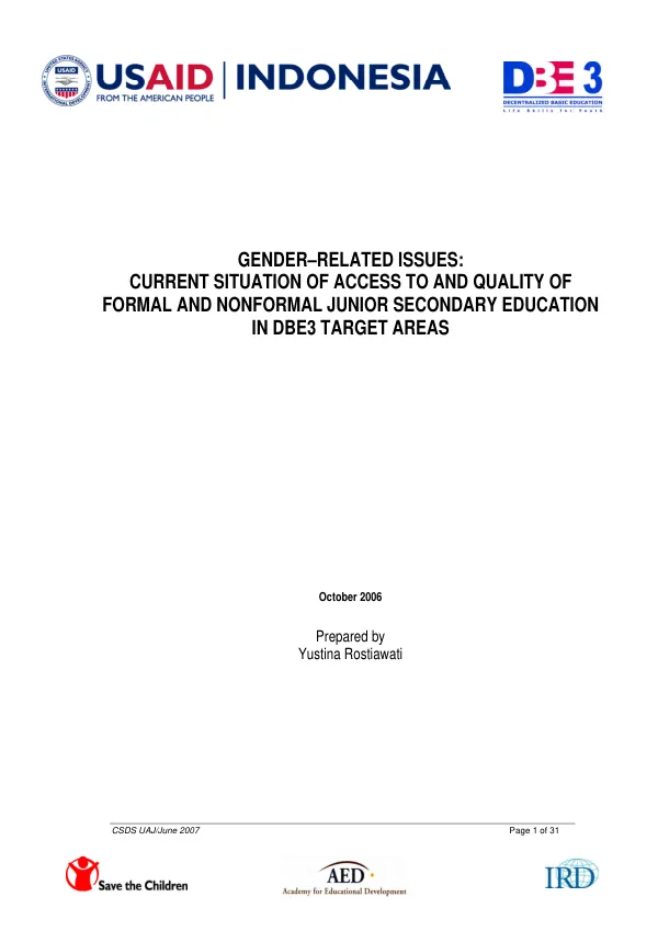 Gender related issues : current situation of access to and quality of formal and non-formal junior secondary education in project areas
