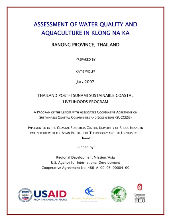 Assessment of water quality and aquaculture in Klong Na Ka, Ranong Province, Thailand