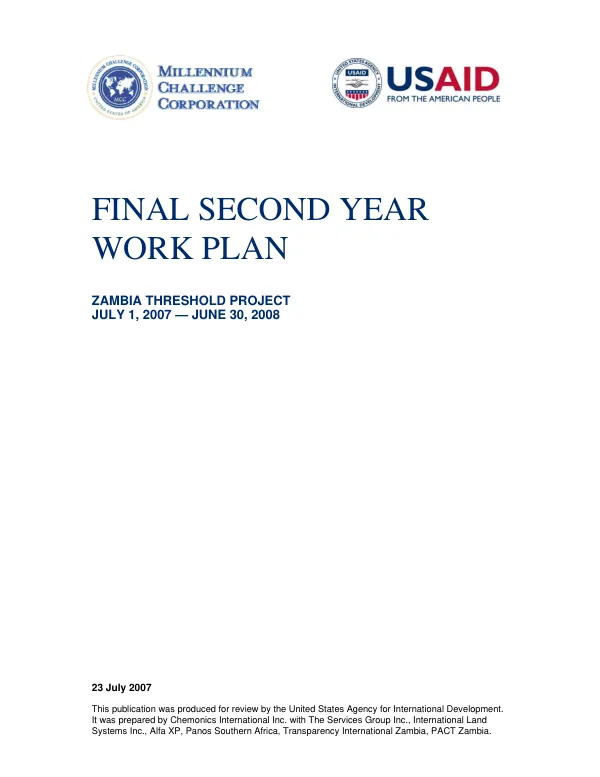 Final second year work plan : Zambia threshold project -- July 1, 2007 - June 30, 2008