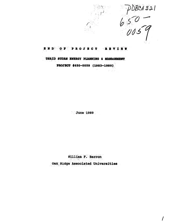 End of project review : USAID Sudan energy planning and management project no. 650-0059 (1983-1989)