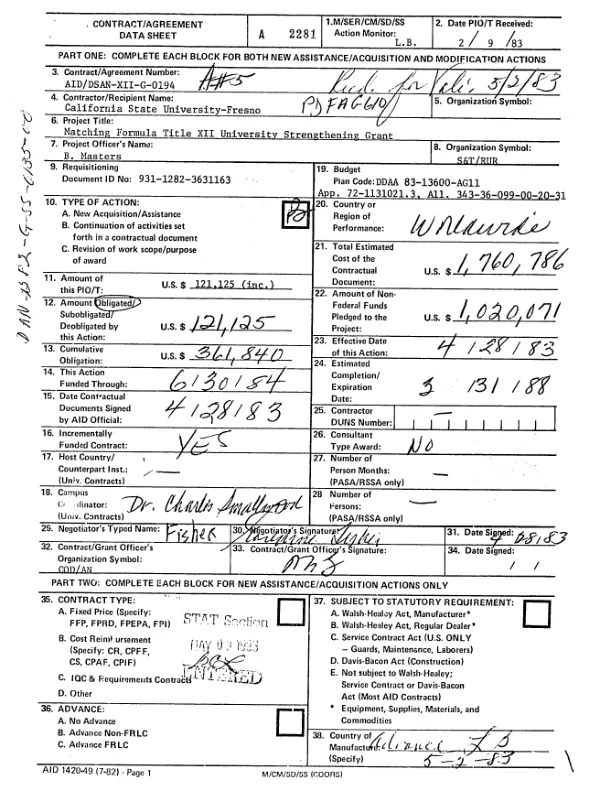 AID grant no. AID/DSAN-XII-G-0194 to California State University, Fresno for support under the Title XII strengthening grants project