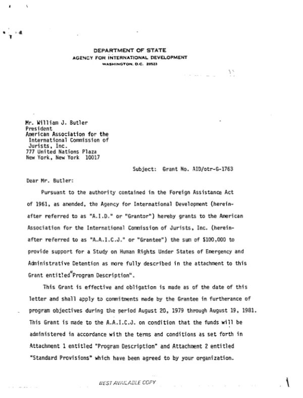 AID grant no. AID/otr-G-1763 to the American Association for the International Commission of Jurists, Inc. for a study on human rights under states of emergency and administrative detention