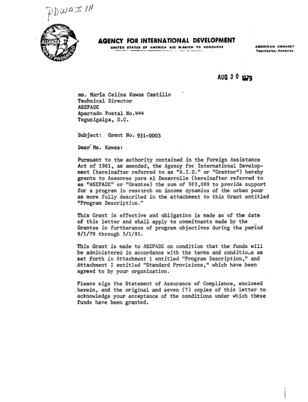 Grant to Asesores para el Desarrollo (ASEPADE)