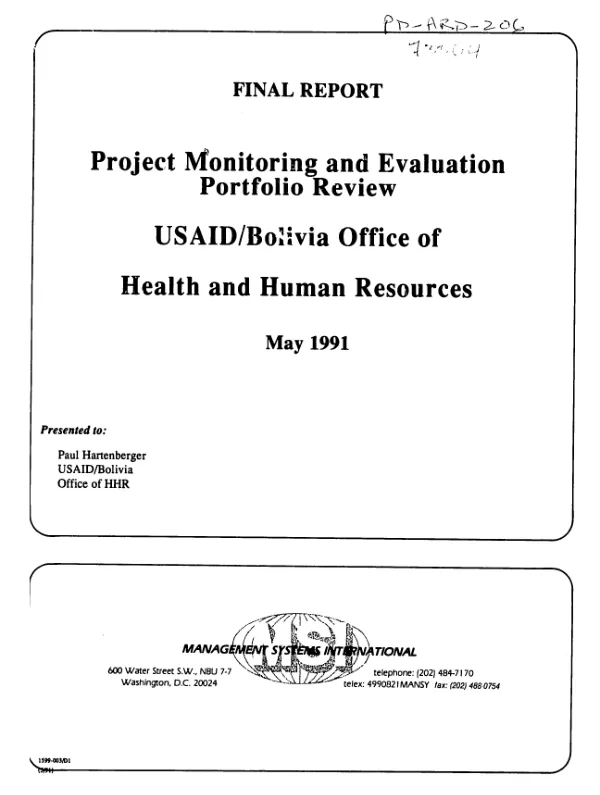 Final report : project monitoring and evaluation portfolio review -- USAID/Bolivia, Office of Health and Human Resources