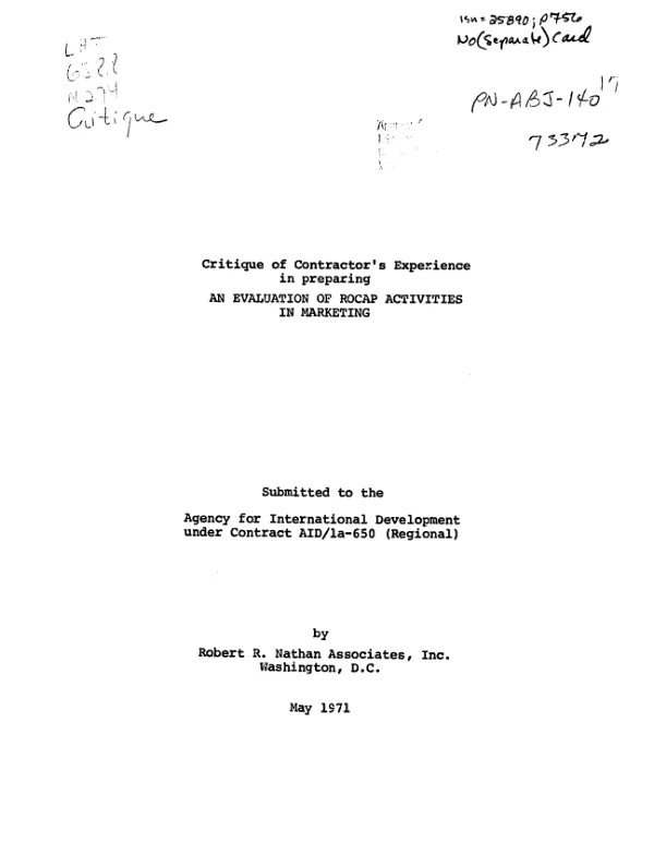 Evaluation of ROCAP activities in marketing : critique of contractor's experience