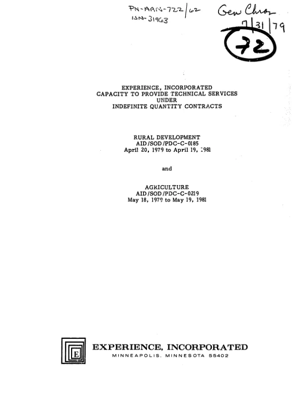Experience, Incorporated : capacity to provide technical services under indefinite quantity contracts; rural development and agriculture