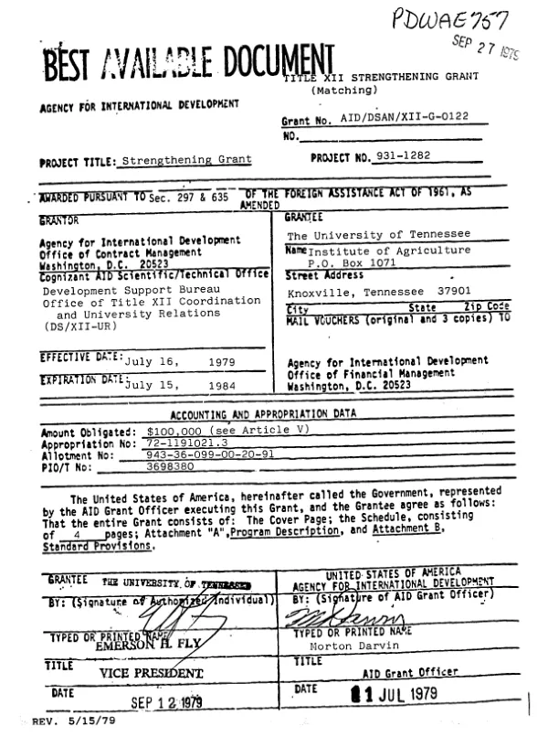 AID grant no. AID/DSAN-XII-G-0122 to the University of Tennessee for support under the Title XII strengthening grants project