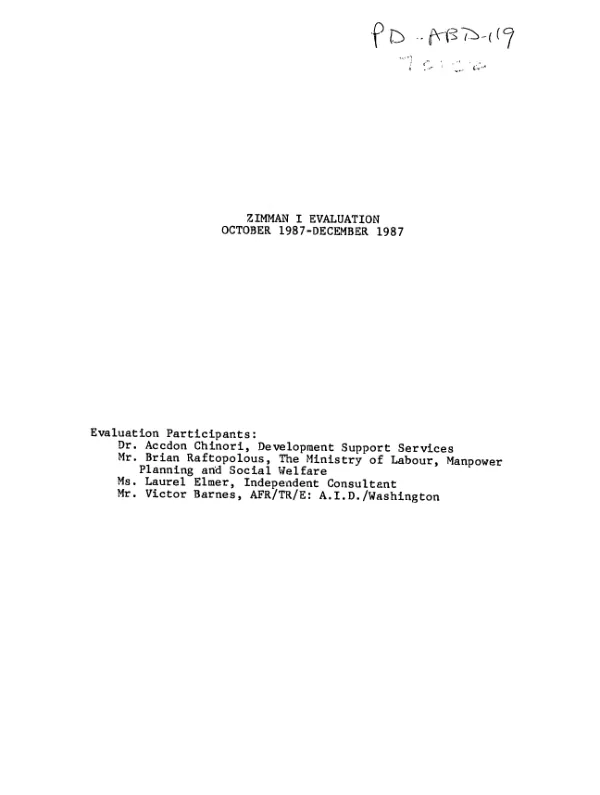 ZIMMAN I evaluation, October 1987-December 1987
