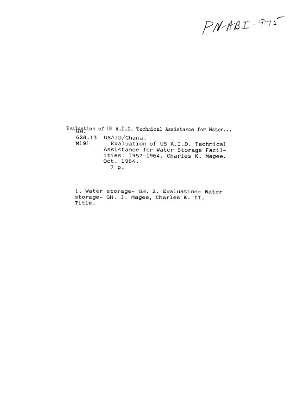 Evaluation of US AID technical assistance for water storage facilities : 1957-1964