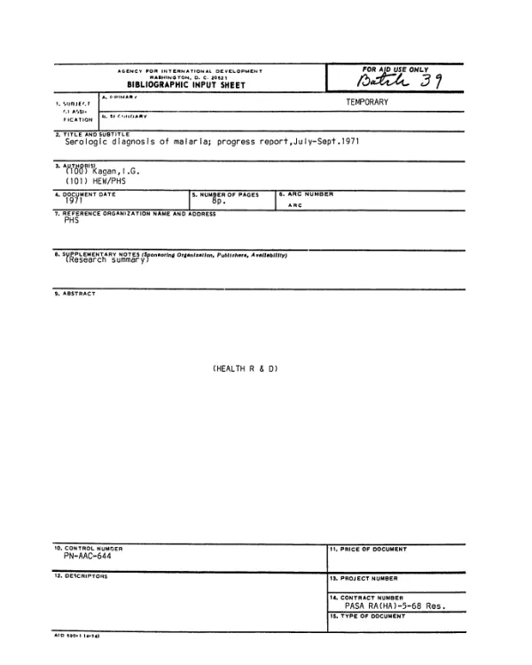 Serologic diagnosis of malaria; progress report, July - Sept. 1971