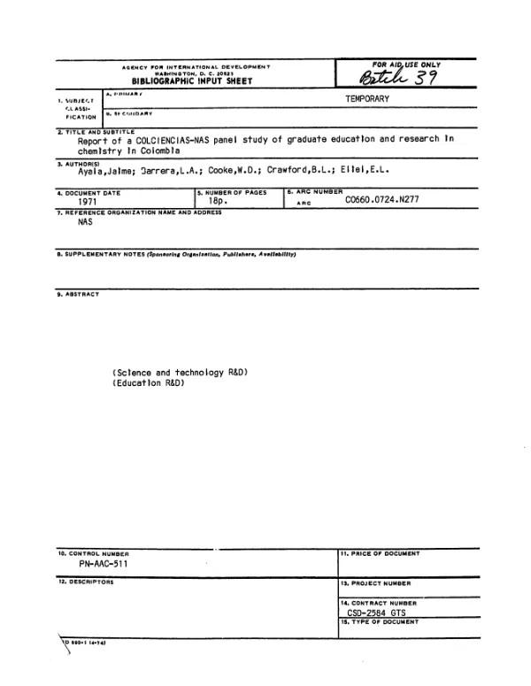Report of a Colciencias - NAS panel study of graduate education and research in chemistry in Colombia