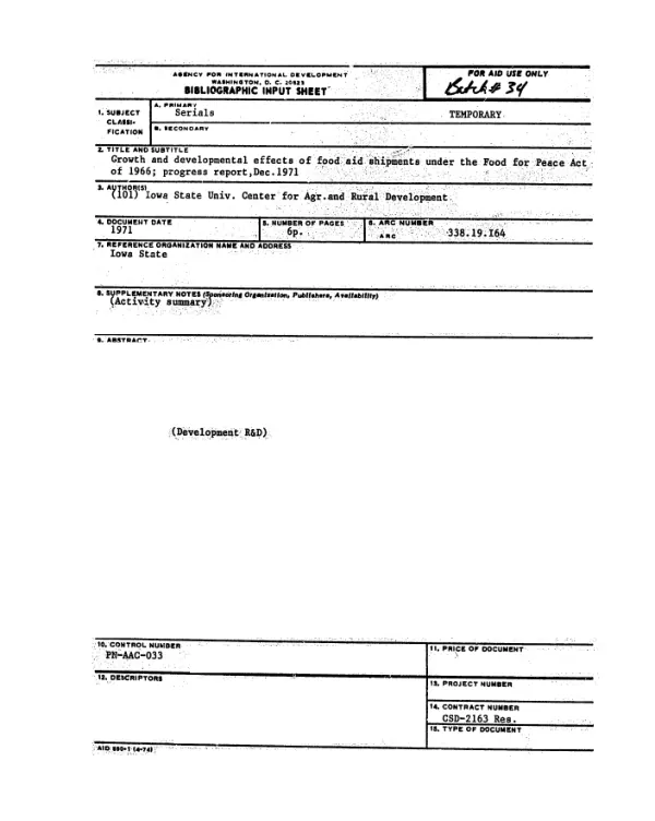 Growth and developmental effects of food aid shipments under the Food for Peace Act of 1966; progress report, Dec. 1971