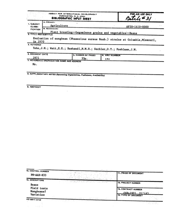 Evaluation of mungbean (phaseolus aureus roxb.) strains at Columbia, Missouri, in 1970