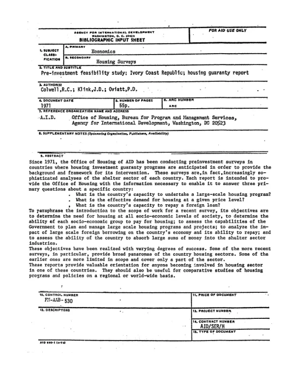Pre-investment feasibility study : Ivory Coast Republic; housing guaranty report