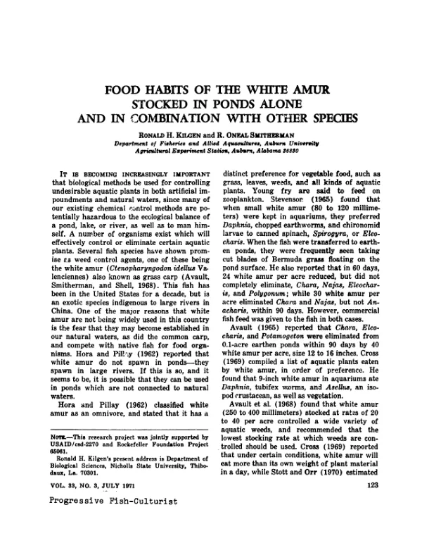 Food habits of the white amur stocked in ponds alone and in combination with other species