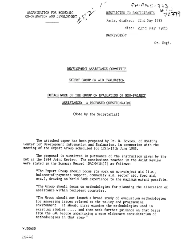 Development Assistance Committee, Expert Group on aid Evaluation : future work of the group on evaluation of non-project assistance -- a proposed questionnaire (note by the Secretariat)