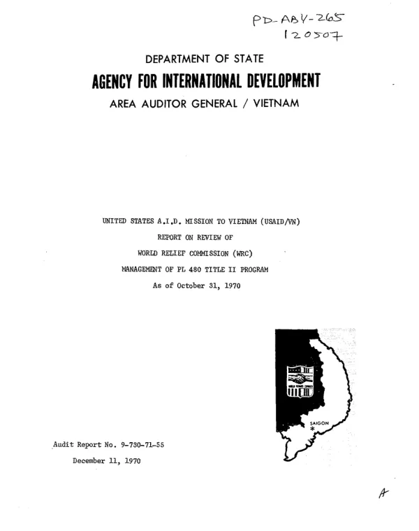 United States A.I.D. Mission to Vietnam (USAID/VN) : report on survey of World Relief Commission (WRC) management of PL 480, Title II program as of October 31, 1970
