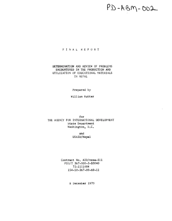 Final report : determination and review of problems encountered in the production and utilization of educational materials in Nepal