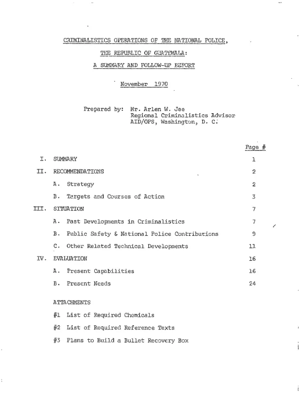 Criminalistics operations of the National Police, the Republic of Guatemala : a summary and follow-up report