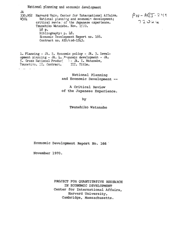 National planning and economic development : a critical review of the Japanese experience