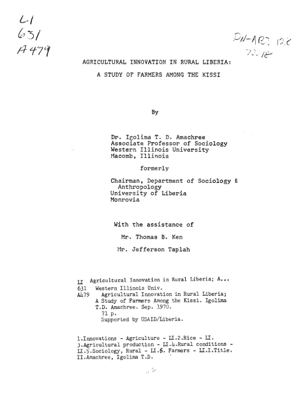 Agricultural innovation in rural Liberia : a study of farmers among the Kissi