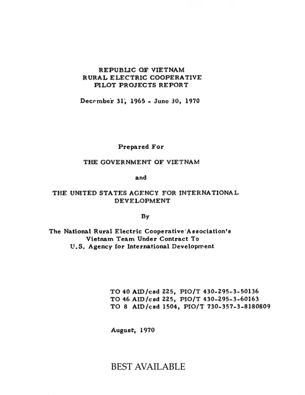 Republic of Vietnam rural electric cooperative pilot projects report, December 31, 1965-June 30, 1970