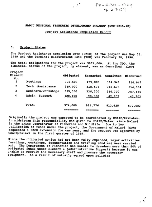 SADCC regional fisheries development project (690-0215.12) : project assistance completion report