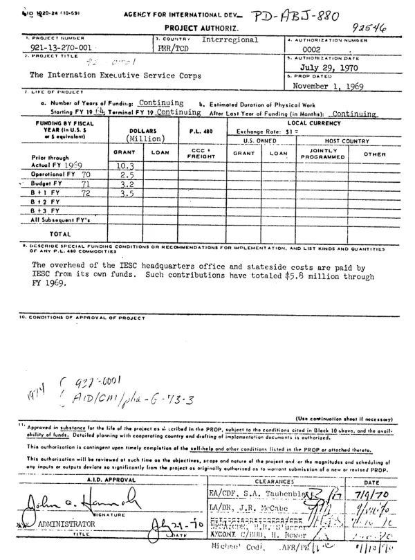 International Executive Service Corps : noncapital project paper, project no. 921-13-270-001 [i.e. 9320001], FY 1964-continuing