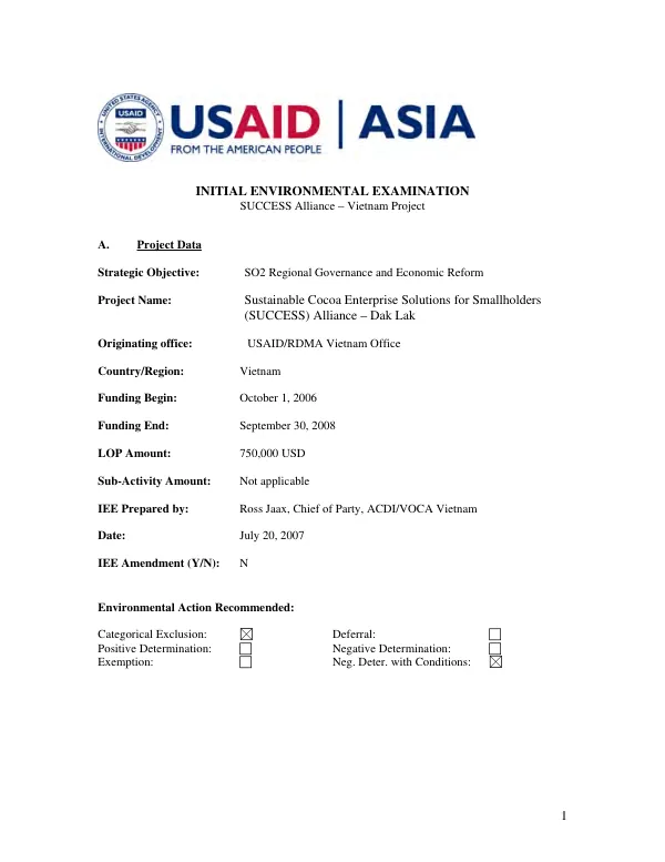 Initial environmental examination : SUCCESS alliance -- Vietnam project
