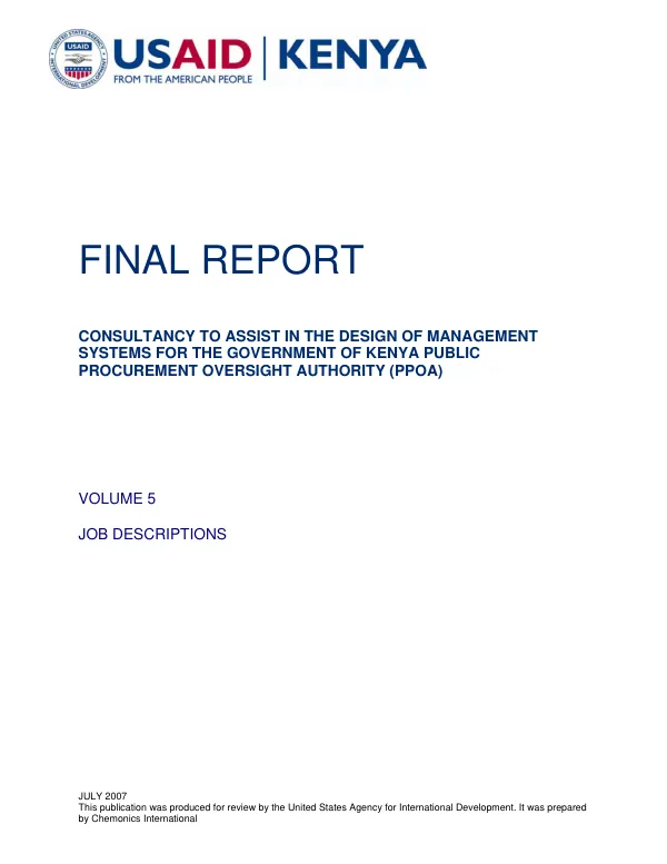 Final report : consultancy to assist in the design of management systems for the Government of Kenya Public Procurement Oversight Authority (PPOA) -- volume 5 : job descriptions